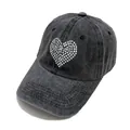 Washed black denim baseball cap for women with sparkling rhinestone heart on the front - Black