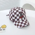 Kids racing baseball cap featuring a brown checkered pattern and red car embroidery - 51-54CM Head Circumference / Brown
