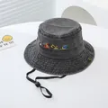 Grey washed cotton kids bucket hat with embroidery construction vehicles and chin strap - 54cm / Black