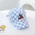 Detailed close-up of sky blue checkered kids baseball cap with racing flag embroidery - 51-54CM Head Circumference / Light Blue