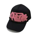 American street style trucker hat with pink graffiti lettering and black mesh back - Black (Pink Print)