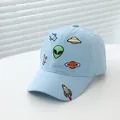 Close-up of light blue kids' cap with detailed space-themed alien and UFO embroidery - Small/Adjustable / Sky Blue