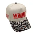 Detail view of Mommin embroidery and leopard print brim on a beige baseball cap - Red Letter Embroidery (Red Label) / Red Label