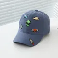 Navy blue kids baseball cap featuring space exploration themed embroidery on white background - Small/Adjustable / Dark Gray
