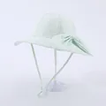Close-up of mint green kids sun hat with wide brim, large bow, and adjustable chin strap - Kids Adjustable / Light Green