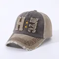 Gorra de béisbol vintage de algodón lavado con bordado NYC y estilo patchwork gastado - Ajustable / Caqui+Marrón