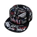 Graffiti snapback hat with street style hip hop prints and flat brim in black cotton - Black