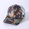 Camo trucker hat with checkered mesh and green decorative rope on a white background - Adjustable / Camouflage