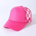 Top view of pink trucker hat featuring checkerboard mesh and decorative rope detail - Adjustable / Rose Red