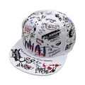 Graffiti print white snapback flat brim baseball cap with street style typography art - White
