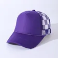Detail of purple trucker hat showing checkered mesh back and braided rope on the brim - Adjustable / Purple