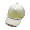 Cream white trucker hat with yellow artistic lettering and silver braided rope - Beige