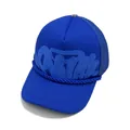Vibrant blue foam trucker hat with embossed letters and a decorative rope accent - Blue