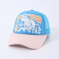 Dettaglio del cappello trucker blu e rosa con stampa street art e rete traspirante - Regolabile / Corona Blu Tesa Beige