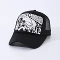 Unisex black trucker hat with piano graphic and Capriccio embroidery on white background - Adjustable / Black