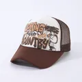 Detail of WORKING HERO graffiti print and mesh panel on two-tone trucker cap - Brown