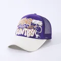 Detail view of purple and white trucker hat featuring Working Hero Country graffiti print - Purple Beige
