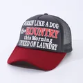 Detail view of the breathable mesh back and embroidered Kountry text on the trucker hat - Gray and Burgundy