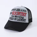 Mesh trucker hat in black and grey with vintage red letter print on the front - Black+Grey