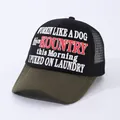 Retro trucker hat in black mesh and olive green brim with red and white embroidery - Black+Army Green