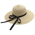 Chapeau de soleil chic en paille beige avec ruban noir élégant et large bord pour femme - Taille unique / Beige