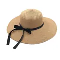 Chapeau de soleil en paille à large bord pour femme avec ruban noir et nœud - Taille unique / Kaki