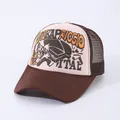 Pink and brown trucker hat with vintage piano cartoon print and mesh back panels - Adjustable / Beige + Brown