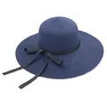 Chapeau de paille pliable à large bord pour femme bleu marine avec ruban noir - Taille unique / Bleu marine