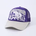 Purple and beige mesh trucker hat with 3D foam print and breathable snapback design - Adjustable / Purple Top Beige Brim