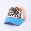 Pink and blue trucker hat with vintage piano cartoon print and breathable mesh back - Adjustable / Pink Top Blue Brim