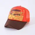 Orange and brown retro trucker hat with 3D mesh back and vintage denim coating print - Adjustable / Orange Top Brown Brim