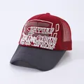 Red and grey mesh trucker hat with letter embroidery and breathable back panel - Adjustable / Wine Red Top Gray Brim
