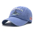 Detail of light blue washed cotton baseball cap with shark and American flag embroidery - Sky Blue