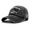 Washed black cotton baseball cap with shark embroidery and US flag patch details - Black