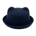 Detailed view of navy blue cat ear felt hat with soft wool texture and round brim style - Navy Blue