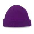 Detailed view of purple knit beanie with chunky ribbed texture and folded brim edge - Purple / One Size