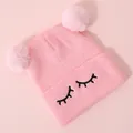 Cappello in maglia rosa per bambini con doppi pompon in pelliccia e ciglia ricamate - Taglia unica / Rosa