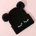 Kids black knit beanie featuring faux fur double pom-poms and eyelash embroidery - One Size / Black
