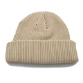 Close-up of beige ribbed knit beanie featuring a classic cuffed design and soft yarn texture - Beige / One Size
