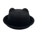 Kids black wool felt bowler hat with cute cat ears and rolled brim for autumn and winter - Black