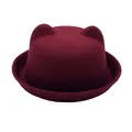 Kids warm burgundy felt bowler hat with cute cat ears and rolled brim design - Kids 53-54CM / Burgundy
