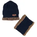 Detalle del grueso forro de piel sintética marrón dentro del gorro de punto y el calentador azul - Conjunto de Gorro y Bufanda / Azul marino