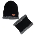 Conjunto de gorro de punto y calentador de cuello negro con forro polar gris para adultos - Conjunto de Gorro y Bufanda / Negro