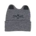 Grey knit baby winter hat with cute cat ears and embroidered whiskers on white background - One Size / Gray