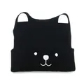 Close-up of black knit baby beanie featuring white bear ears and detailed facial embroidery - One Size / Black