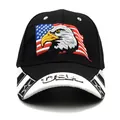 Black baseball cap with USA eagle embroidery and star details on a curved white brim - Adjustable / Black
