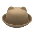 Chic khaki children's wool fedora hat with cute cat ears and a stylish curled brim - Kids 53-54CM / Khaki