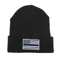 Berretto in maglia nera con bandiera americana Thin Blue Line ricamata per l'inverno - Nero