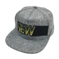 Gray textured snapback hat with black ribbon and yellow NEW embroidery on white background - Adjustable / Marl Grey