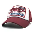 Close-up of New York Vintage embroidery and distressed brim on wine red trucker hat - Adjustable / Burgundy